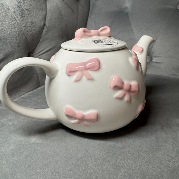 Lang Pink Bow White Pink Hand Painted Ceramic‎ Teapot NEW WITH TAG - Picture 4 of 9